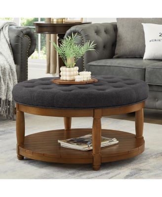 Large Tufted Linen Ottoman Coffee Table with Solid Wood Shelf