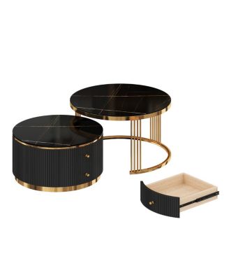 Modern 2 Pieces Round Nesting Coffee Table with Drawers