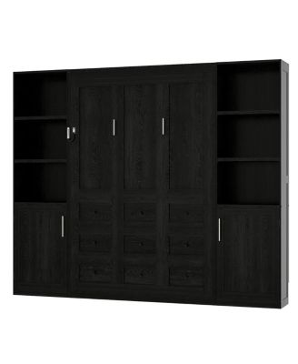 Queen size wooden Murphy Bed with Storage Shelves and Cabinets