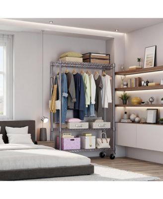 Heavy Duty Garment Rack on Wheels, 3 Tiers Adjustable Wire Shelving, Clothes Rack with 1 Rods and Side Hooks for Bedroom and Wardrobe, Chrome