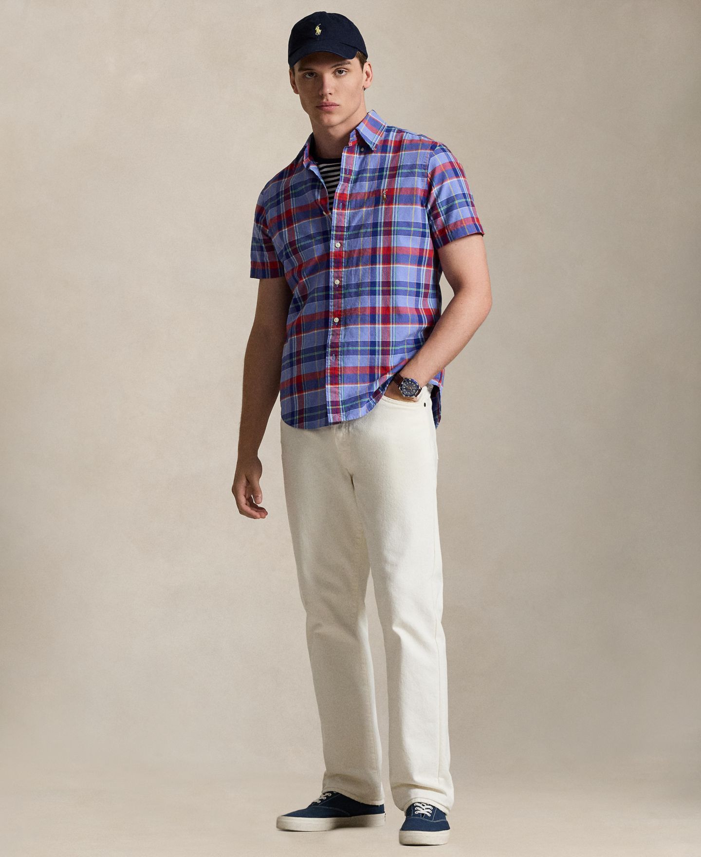 Мужская рубашка Polo Ralph Lauren Classic-Fit Short-Sleeve Oxford, цвет: Синий красный разноцветный — фото 4
