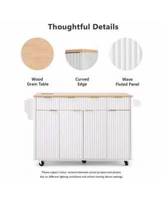 Fluted Kitchen Island with Storage, Drop Leaf, Power Outlet, 4 Doors, 3 Drawers