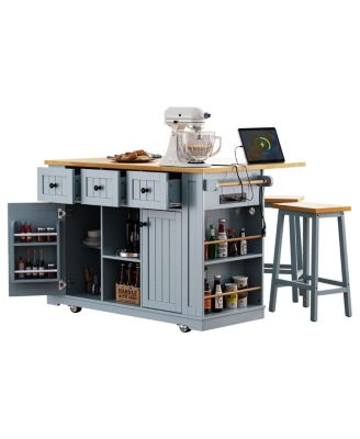 Kitchen Island w/ 2 Stools, Power Outlet, Storage, Drop Leaf, 5 Wheels