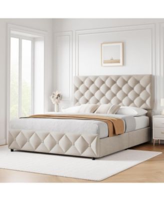 Full Size Bed Frame with 4 Storage Drawers, Linen Upholstered Platform Bed Frame with Adjustable Headboard
