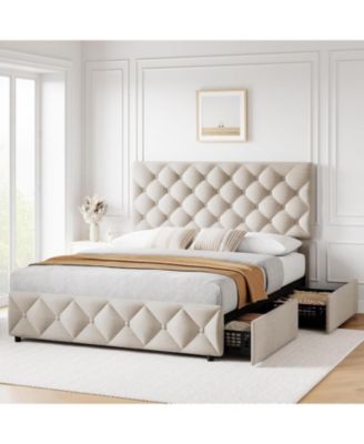 Full Size Bed Frame with 4 Storage Drawers, Linen Upholstered Platform Bed Frame with Adjustable Headboard