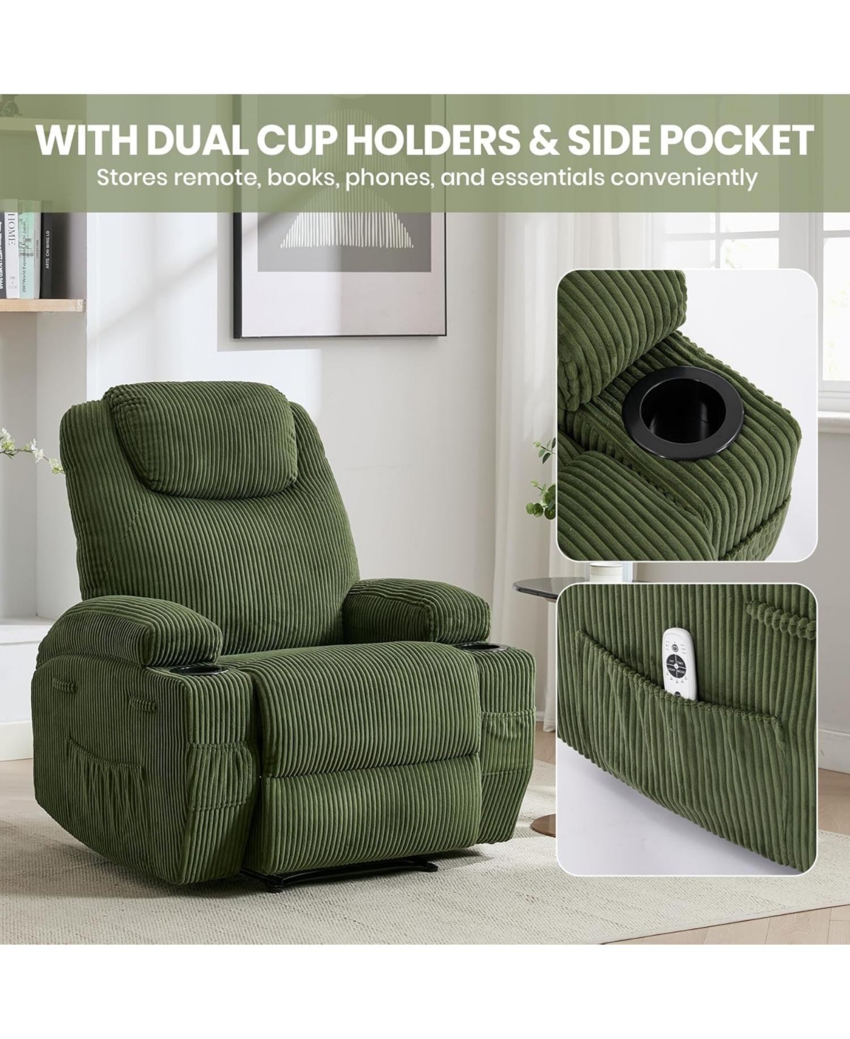 gaomon Massage Rocker Recliner Chair with Heat and Vibration Ergonomic Rocking Lounge Chair for Living Room Comfy,with Dual Cup Holders