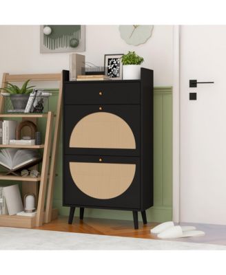 Slim Rattan Shoe Cabinet, Freestanding Shoe Rack, Hidden Shoe Storage Organizer with 2 Flip Drawers for Entrance, Hallway