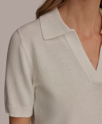 Women's Cotton Cashmere Polo Sweater with Elbow-Sleeve