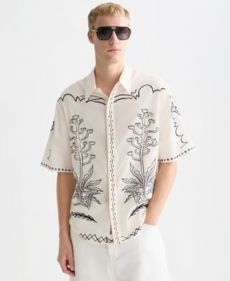 Men's Embroidered Seersucker Relaxed-Fit Short-Sleeve Shirt