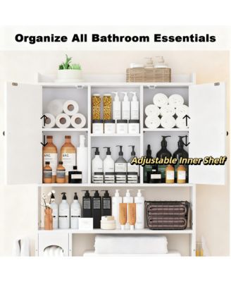 Metal Frame Over Toilet Cabinet with 7 Shelves & Hooks for Farmhouse Style