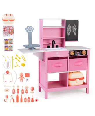 Wooden Doctor Office Playset Medical Center Toy with Blackboard