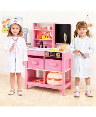 Wooden Doctor Office Playset Medical Center Toy with Blackboard