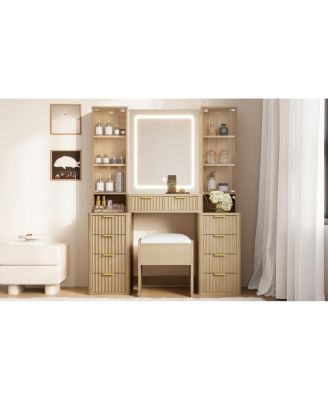43.5" Fluted Makeup Vanity Desk with Mirror, Lights, 10 Drawers, 2 Cabinets, Stool