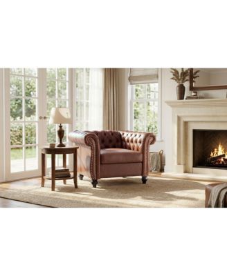 Chesterfield Club Chair with Scrolled Arms, Nailhead Trim, and Solid Wood Legs
