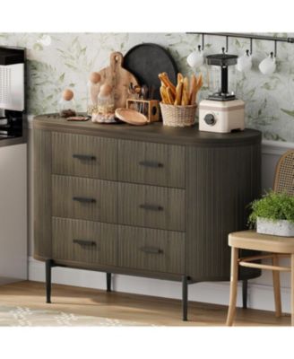 Fluted 6 Drawer Dresser for Bedroom, 59in Large Mid Century Modern Wooden Chest Dresser TV Stand with Curved Profile Design and Gold Handles