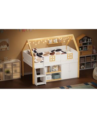 loft bed with Step Staircase, Shelving, Cabinets & LED lights