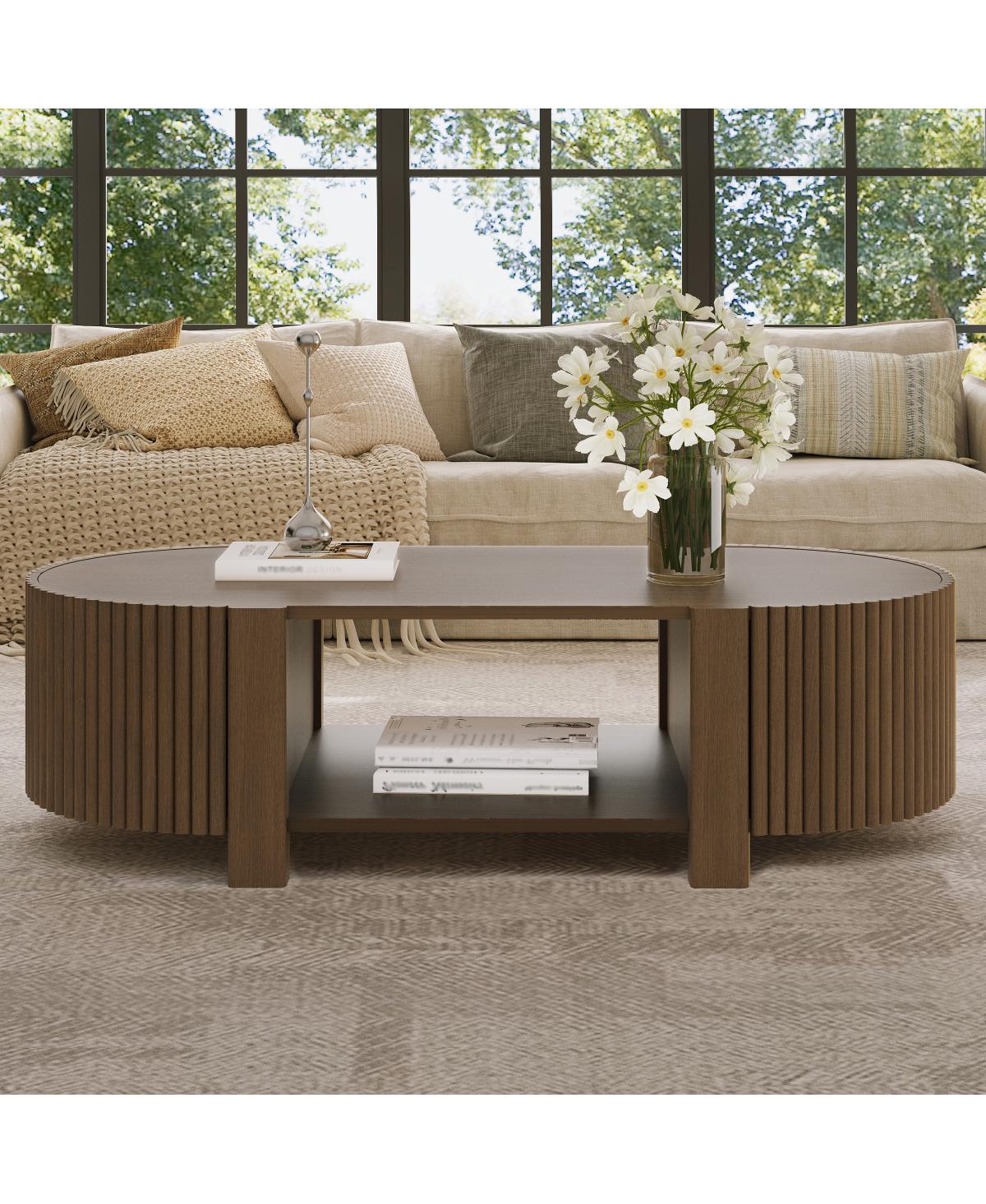 Streamdale Furniture Oval Fluted Coffee Table with Storage, Rubber Solid Wood, Walnut, 47