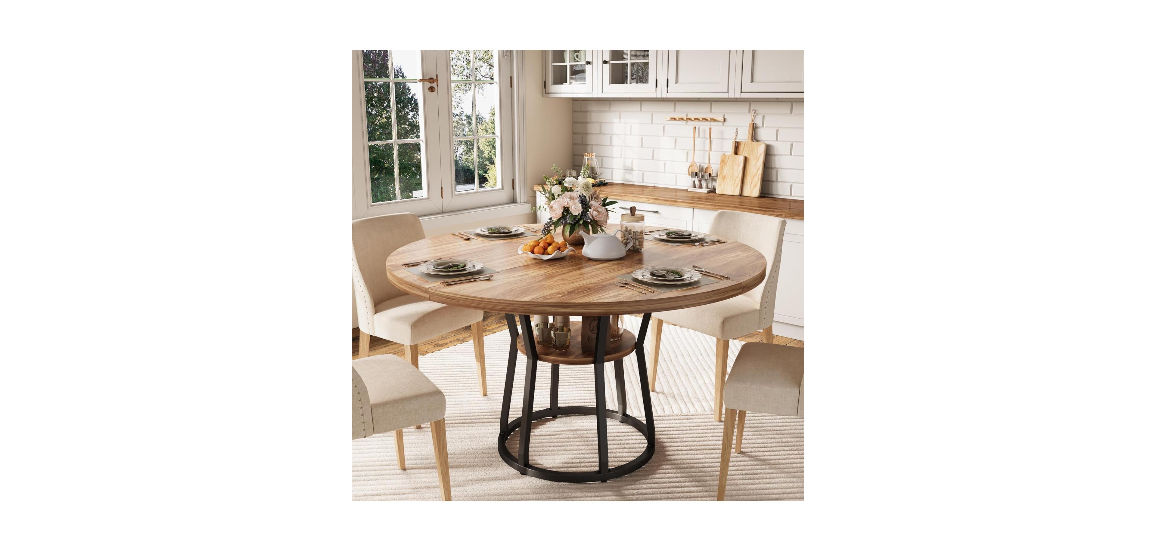 gaomon Round Dining Table for 4-6 Farmhouse Kitchen Table with Storage Circle Dinner Tables for Kitchen Dining Room Living Room