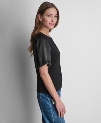 Women's Puffed Crew Neck Mix Media Knit Top