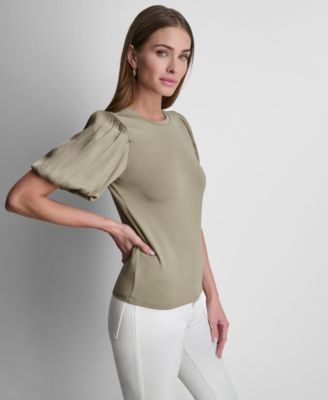 Women's Puffed Crew Neck Mix Media Knit Top