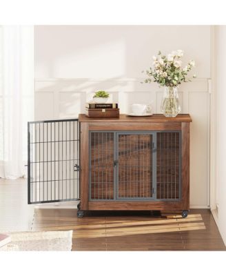 32.5" Dog Crate Furniture End Table with Wheels, 2-Door Heavy Duty Kennel for Small Dogs