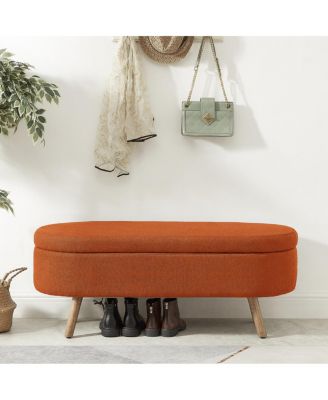  Luxury Oval Boucle Storage Ottoman Bench with Wood Legs