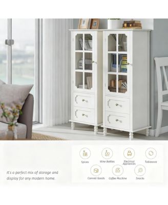 Tall Narrow Buffet Cabinet 52" White Kitchen Pantry 2 Glass Doors 2 Drawer