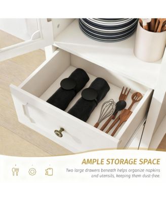 Tall Narrow Buffet Cabinet 52" White Kitchen Pantry 2 Glass Doors 2 Drawer