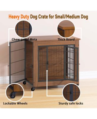 27.2" Dog Crate Furniture End Table with Wheels, 2-Door Heavy Duty Kennel for Small Dogs