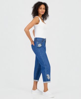 Women's Embroidered Mid Rise Relaxed Straight-Leg Jeans