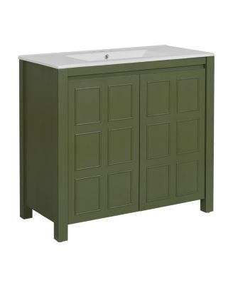 36" Retro Bathroom Vanity with Ceramic Sink, Solid Wood Frame and Soft Close Doors, Spacious Storage Cabinet for Modern Bathrooms.