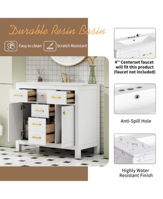36" Modern Solid Wood Bathroom Vanity with Ceramic Sink, 4 Drawers & 2 Soft Close Doors Freestanding Cabinet