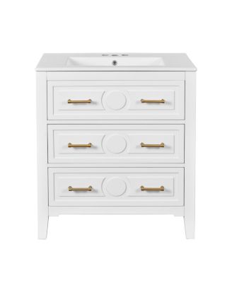 30" Bathroom Vanity with Ceramic Sink, Retro Solid Wood Cabinet & 3 Drawer Storage for Small Spaces