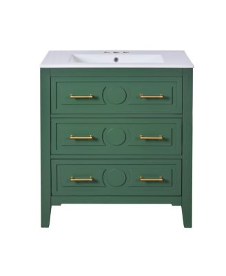 30" Bathroom Vanity with Ceramic Sink, Retro Solid Wood Cabinet & 3 Drawer Storage for Small Spaces