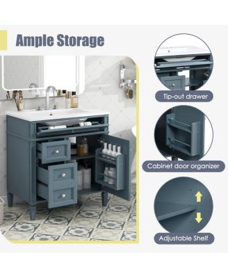 30" Modern Bathroom Vanity with Ceramic Sink, Solid Wood Cabinet, Ample Storage Drawers & Adjustable Shelf for Small Spaces