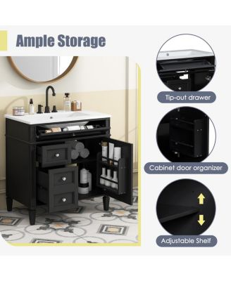 30" Modern Bathroom Vanity with Ceramic Sink, Solid Wood Cabinet, Ample Storage Drawers & Adjustable Shelf for Small Spaces