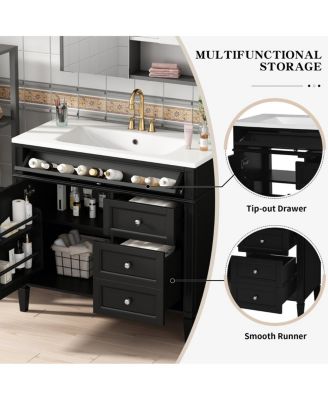 36" Modern Bathroom Vanity with Resin Sink, Freestanding Cabinet with 2 Drawers & Tip-out Drawer