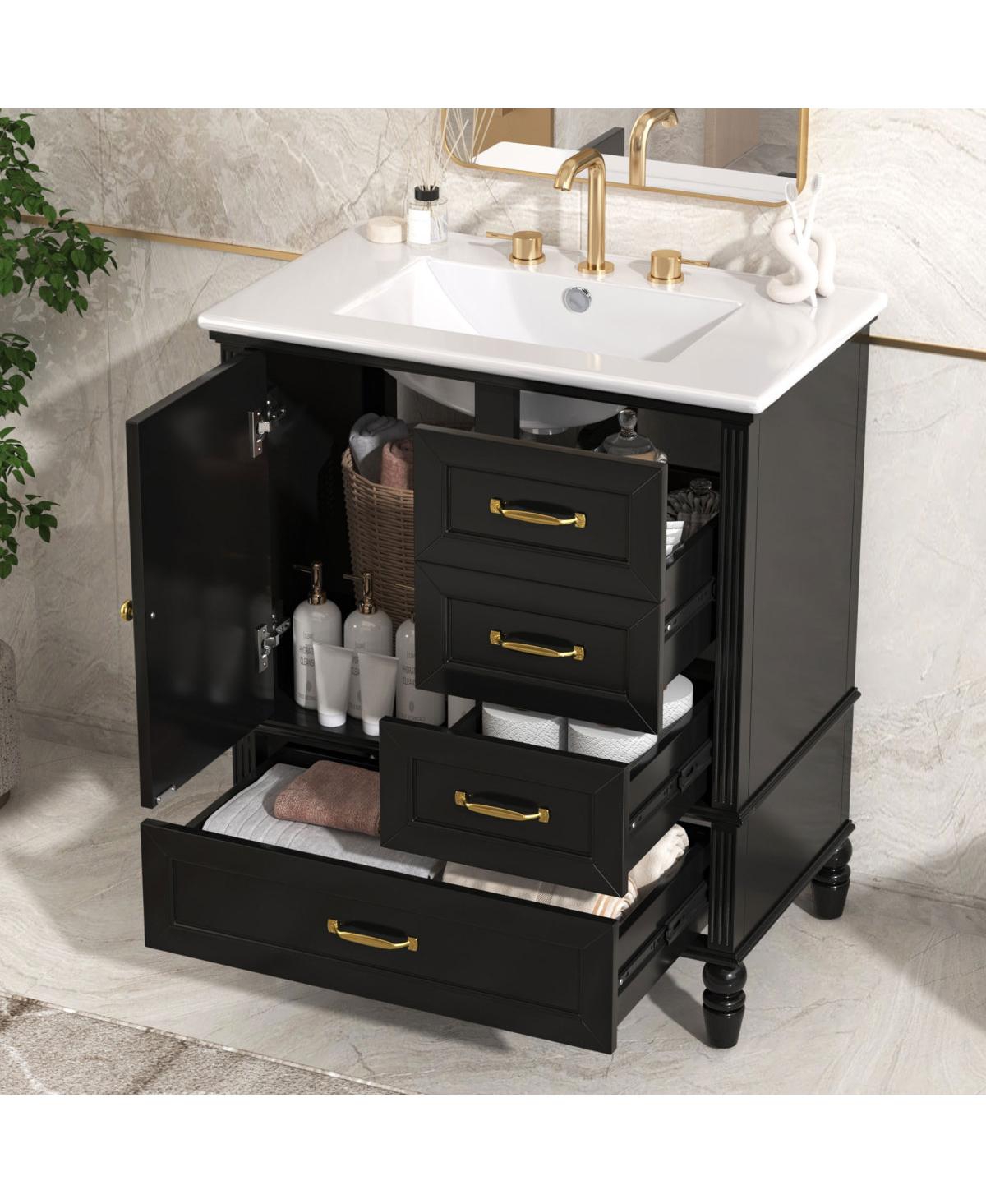 Sillysis 30" Modern Bathroom Vanity with Ceramic Sink, Freestanding Acacia Wood Mdf Cabinet 3 Drawers & Door