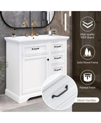 36" Bathroom Vanity with Ceramic Sink, Classic Modern Rubber Wood Cabinet & Ample Drawer Storage for Small Spaces