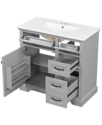 36" Bathroom Vanity with Ceramic Sink, Classic Modern Rubber Wood Cabinet & Ample Drawer Storage for Small Spaces