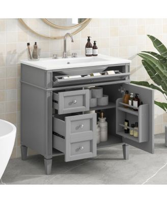 Bathroom Vanity with Ceramic Sink, Solid Wood Cabinet, Ample Storage Drawers Adjustable Shelf for Small