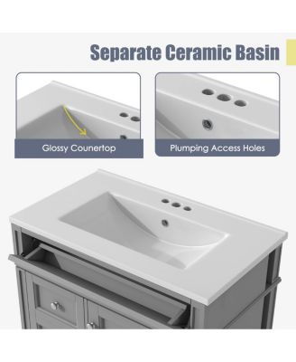 Bathroom Vanity with Ceramic Sink, Solid Wood Cabinet, Ample Storage Drawers Adjustable Shelf for Small