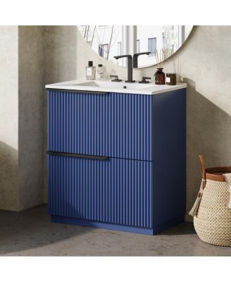 30" Modern Fluted Bathroom Vanity Cabinet with Ceramic Sink, Soft Close Drawers & Storage for Small Bathrooms