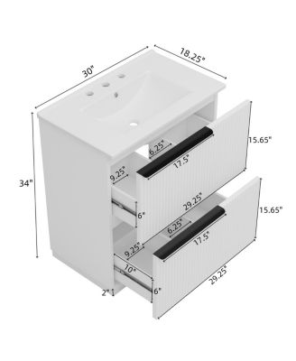 30" Modern Fluted Bathroom Vanity Cabinet with Ceramic Sink, Soft Close Drawers & Storage for Small Bathrooms