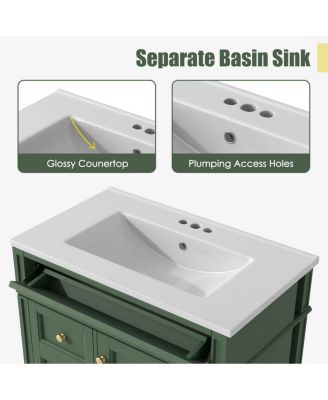 Bathroom Vanity with Ceramic Sink, Solid Wood Cabinet, Ample Storage Drawers Adjustable Shelf for Small