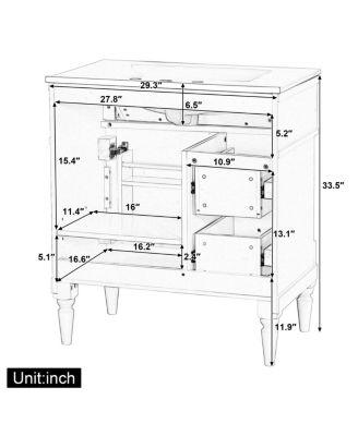 30" Bathroom Vanity with Ceramic Sink, Modern  Solid Wood Freestanding Bathroom Cabinet for Small Spaces