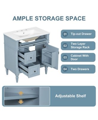 30" Bathroom Vanity with Ceramic Sink, Modern  Solid Wood Freestanding Bathroom Cabinet for Small Spaces