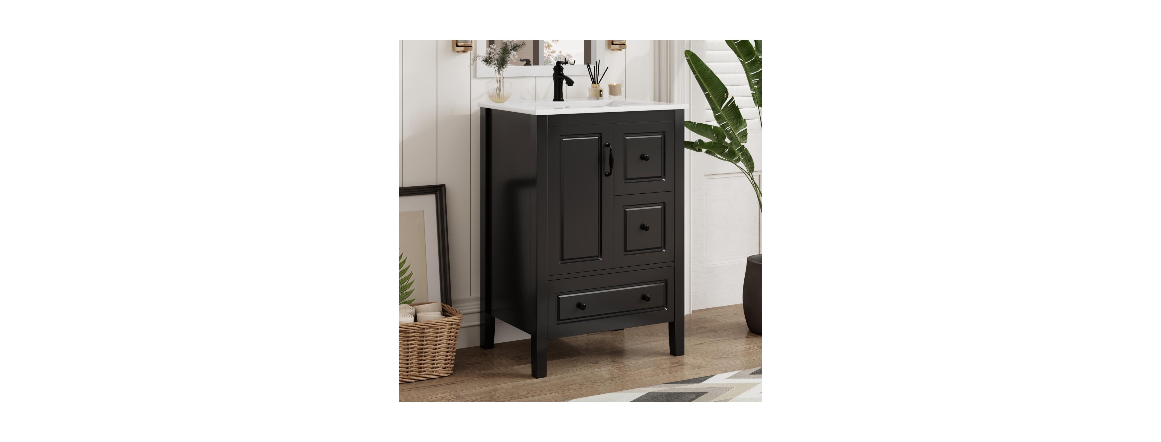 Sillysis 24" Bathroom Vanity with Ceramic Sink, Freestanding Retro Mdf Cabinet, Soft-Close Drawers, Ample Storage for Small Spaces