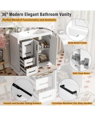 36" Modern Bathroom Vanity with Ceramic Sink, Solid Wood Frame & Soft Close Drawers for Small Spaces