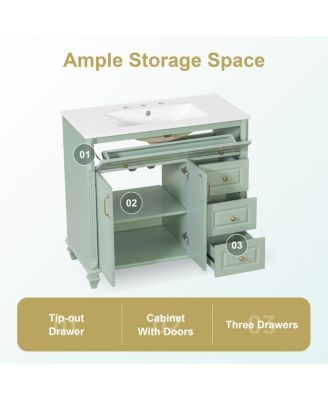 36" Bathroom Vanity with Ceramic Sink and Tilt-Out Drawer, Freestanding Classic Modern Storage
